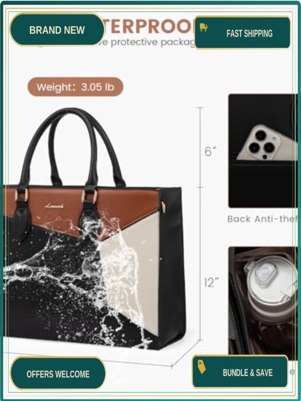 Waterproof PU Leather Laptop Tote Bag Fits 15.6in, Work Shoulder Handbag with - Picture 5 of 5